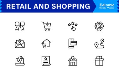 Perakende ve Alışveriş Hattı simgesi seti düzenlenebilir, piksel mükemmelliğinde profesyonel, modern ve minimal stile sahip simgeler içerir. Ticaret ve tüketici odaklı projeler için ideal.