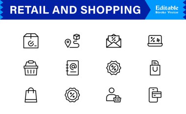 Perakende ve Alışveriş Hattı simgesi seti düzenlenebilir, piksel mükemmelliğinde profesyonel, modern ve minimal stile sahip simgeler içerir. Ticaret ve tüketici odaklı projeler için ideal.