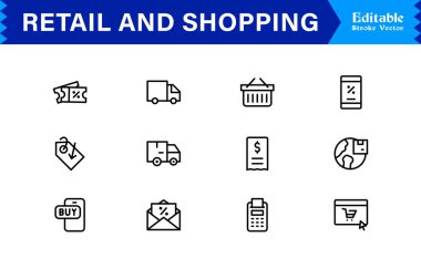 Perakende ve Alışveriş Hattı simgesi seti düzenlenebilir, piksel mükemmelliğinde profesyonel, modern ve minimal stile sahip simgeler içerir. Ticaret ve tüketici odaklı projeler için ideal.