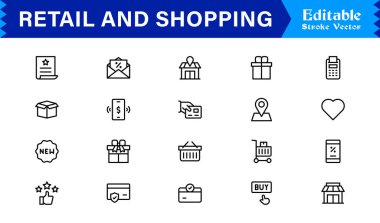 Perakende ve Alışveriş Hattı simgesi seti düzenlenebilir, piksel mükemmelliğinde profesyonel, modern ve minimal stile sahip simgeler içerir. Ticaret ve tüketici odaklı projeler için ideal.