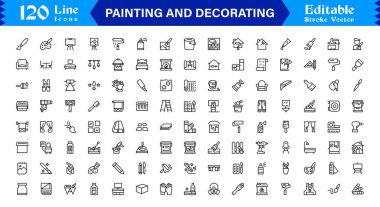 Düzenlenebilir, piksele uygun, temiz, modern ve minimal stile sahip, yenileme, sanat ve ev projeleri için ideal resim ve dekorasyon çizimi simgesi seti.