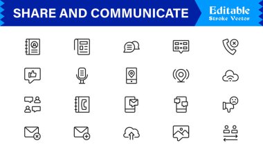 Modern Dijital Projeler için Temel Paylaşım ve İletişim Satırı Simgesi Paketi Profesyonel Minimalist Biçim ve Düzenlenebilir Piksel Mükemmel Vektörler