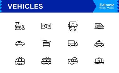 Modern Ulaşım ve Otomotiv Tasarımları İçin Mükemmel Simge Düzenlenebilir Temiz Minimum Vektör Biçimli Eşsiz Araç Hattı Simgesi Koleksiyonu