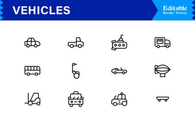 Modern Ulaşım ve Otomotiv Tasarımları İçin Mükemmel Simge Düzenlenebilir Temiz Minimum Vektör Biçimli Eşsiz Araç Hattı Simgesi Koleksiyonu