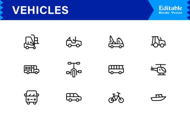 Modern Ulaşım ve Otomotiv Tasarımları İçin Mükemmel Simge Düzenlenebilir Temiz Minimum Vektör Biçimli Eşsiz Araç Hattı Simgesi Koleksiyonu