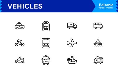 Modern Ulaşım ve Otomotiv Tasarımları İçin Mükemmel Simge Düzenlenebilir Temiz Minimum Vektör Biçimli Eşsiz Araç Hattı Simgesi Koleksiyonu
