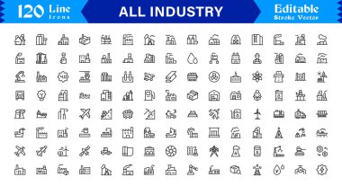 Modern İş ve Teknoloji için Profesyonel Minimum Tasarım ve Piksel Mükemmel Düzenleme Vektörleri ile Çok Yönlü Tüm Endüstri Satır Simgesi Ayarları