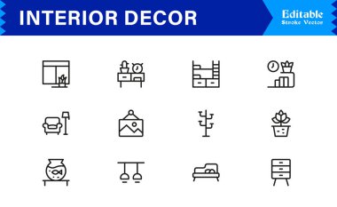 Modern Minimal Tasarım, Düzenlenebilir Mükemmel Vektör Koleksiyonu Ev Biçimi ve Dekorasyon Elemanlarıyla Profesyonel İç Dekorasyon Çizgisi Simgesi Ayarları