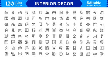 Modern Minimal Tasarım, Düzenlenebilir Mükemmel Vektör Koleksiyonu Ev Biçimi ve Dekorasyon Elemanlarıyla Profesyonel İç Dekorasyon Çizgisi Simgesi Ayarları