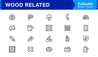 Ahşap İlgili Modern Taslak Çizgisi Simge Koleksiyonu Premium Kereste, Kereste, Orman, Marangozluk, İnşaat, Mobilya ve Minimum Düzenlenebilir Grafik Vektör Tasarımı