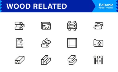 Ahşap İlgili Modern Taslak Çizgisi Simge Koleksiyonu Premium Kereste, Kereste, Orman, Marangozluk, İnşaat, Mobilya ve Minimum Düzenlenebilir Grafik Vektör Tasarımı