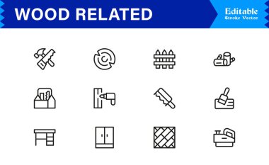 Ahşap İlgili Modern Taslak Çizgisi Simge Koleksiyonu Premium Kereste, Kereste, Orman, Marangozluk, İnşaat, Mobilya ve Minimum Düzenlenebilir Grafik Vektör Tasarımı