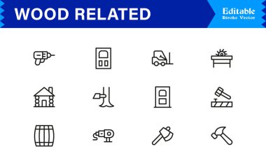 Ahşap İlgili Modern Taslak Çizgisi Simge Koleksiyonu Premium Kereste, Kereste, Orman, Marangozluk, İnşaat, Mobilya ve Minimum Düzenlenebilir Grafik Vektör Tasarımı