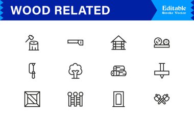 Ahşap İlgili Modern Taslak Çizgisi Simge Koleksiyonu Premium Kereste, Kereste, Orman, Marangozluk, İnşaat, Mobilya ve Minimum Düzenlenebilir Grafik Vektör Tasarımı