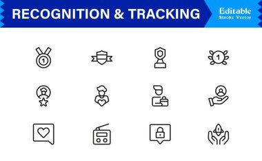 Profesyonel Satır Simgesi Tanıma ve İzleme Modern, Asgari, Düzenlenebilir Vektör Koleksiyonu Ödülleri, Kimlikleri, Verileri, İşaretleme, Rozet ve Mor