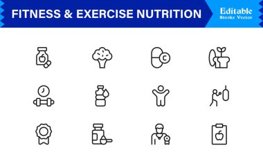 Spor Salonu, Diyet, Ağırlık, Eğitim, Sağlık, Sağlık ve Yaşam Tarzı içeren Modern Minimum Taslak Simgelerini Ayarla