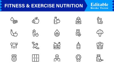 Spor Salonu, Diyet, Ağırlık, Eğitim, Sağlık, Sağlık ve Yaşam Tarzı içeren Modern Minimum Taslak Simgelerini Ayarla