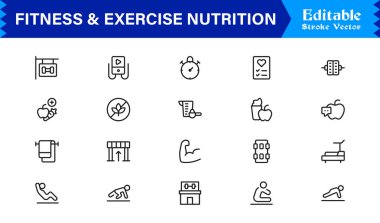 Spor Salonu, Diyet, Ağırlık, Eğitim, Sağlık, Sağlık ve Yaşam Tarzı içeren Modern Minimum Taslak Simgelerini Ayarla