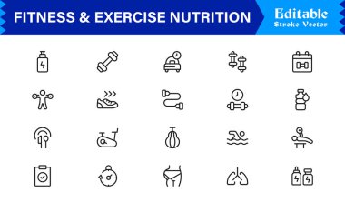 Spor Salonu, Diyet, Ağırlık, Eğitim, Sağlık, Sağlık ve Yaşam Tarzı içeren Modern Minimum Taslak Simgelerini Ayarla