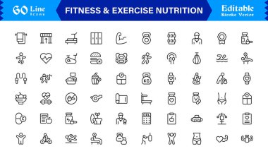 Spor Salonu, Diyet, Ağırlık, Eğitim, Sağlık, Sağlık ve Yaşam Tarzı içeren Modern Minimum Taslak Simgelerini Ayarla