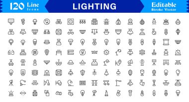 Işıklandırma Elementleri ve Aydınlatma Çizgisi Simgesi Profesyonel Minimum Modern Lamba, Ampul, Sabitleme, Spotlight, Fener, Avize, Düzenlenebilir Vektör Koleksiyonu