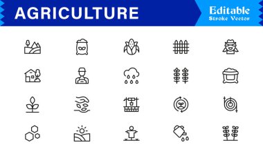 Tarım Hattı Simgesi Profesyonel Modern Tarım Sembolleri, Minimum Taslak Vektör Simgeleri, Piksel Mükemmel Düzenlenebilir Koleksiyonu