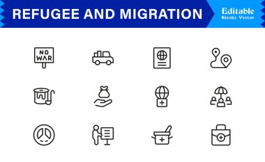 Mülteci ve Göç Profesyonel Çizgisi Simgesi Modern Minimum Taslak Koleksiyonunu Ayarladı Mükemmel Göç, Yer Değiştirme ve Seyahat Sembolleri