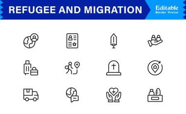 Mülteci ve Göç Profesyonel Çizgisi Simgesi Modern Minimum Taslak Koleksiyonunu Ayarladı Mükemmel Göç, Yer Değiştirme ve Seyahat Sembolleri