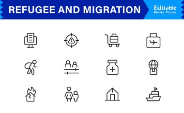 Mülteci ve Göç Profesyonel Çizgisi Simgesi Modern Minimum Taslak Koleksiyonunu Ayarladı Mükemmel Göç, Yer Değiştirme ve Seyahat Sembolleri