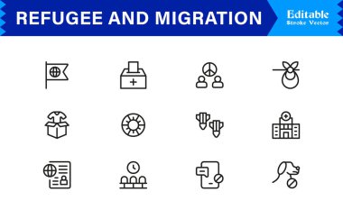 Mülteci ve Göç Profesyonel Çizgisi Simgesi Modern Minimum Taslak Koleksiyonunu Ayarladı Mükemmel Göç, Yer Değiştirme ve Seyahat Sembolleri