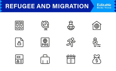 Mülteci ve Göç Profesyonel Çizgisi Simgesi Modern Minimum Taslak Koleksiyonunu Ayarladı Mükemmel Göç, Yer Değiştirme ve Seyahat Sembolleri