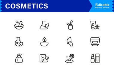 Kozmetik Güzellik Çizgisi Simgesi Cilt Bakımı ve Makyaj İçin Modern, Asgari, Profesyonel Vektör Simgeleri Ayarlandı