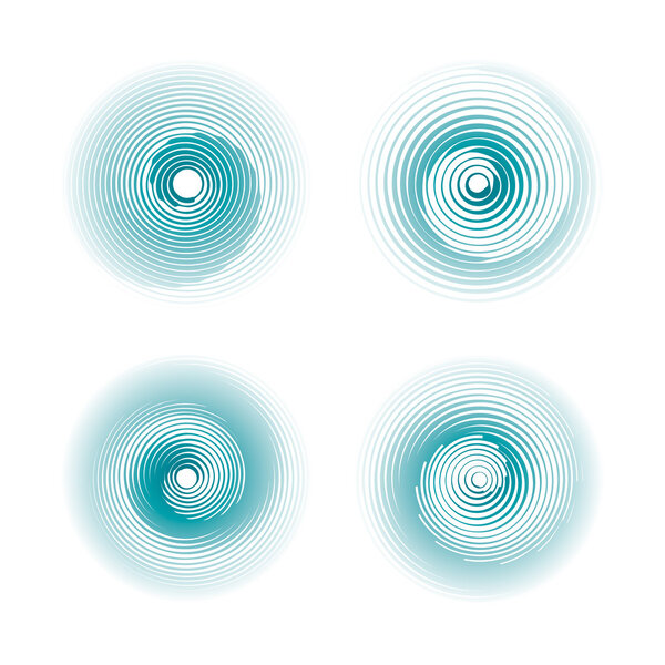 Radial circles monochrome abstract element.  Set of spirally circular shapes.