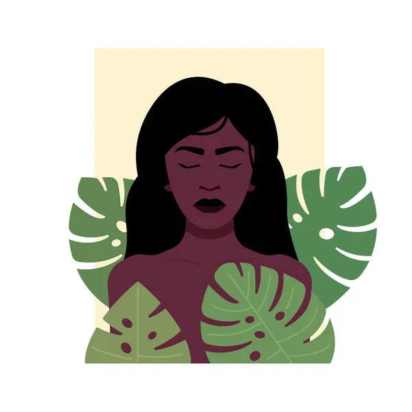 Donna nera con disegno vettoriale fogliame tropicale — Vettoriale Stock