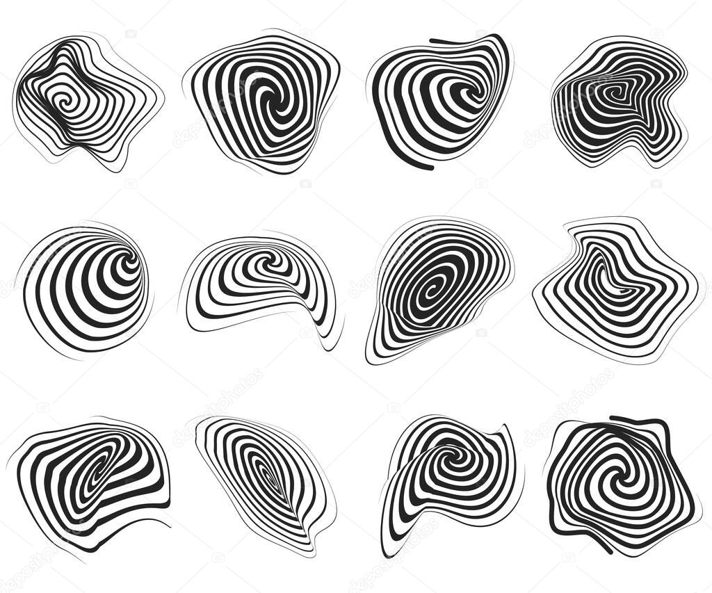 Collection of minimalist style vector illustrations of distorted spiral elements isolated on white background