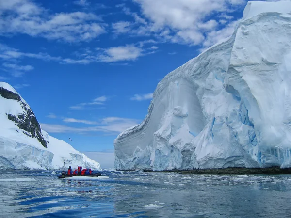 Cruise passengers studying a large iceberg in Antarctica