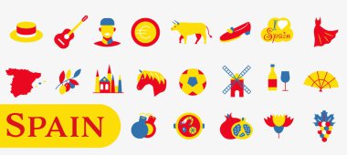 İspanyol kültürünün ve mirasının anahtar unsurlarını tasvir eden renkli simgelerle çizilmiş bir resim. EPS 10.