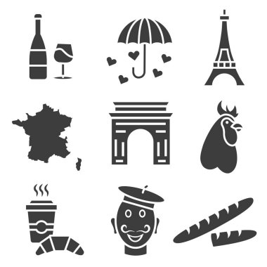 Fransa temasında dokuz minimalist simge. Fransa 'nın sembolleri. EPS 10.