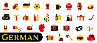 Ulusal bayrağın stilize edilmiş renk paletinde yaratılmış, Almanya 'ya adanmış bir dizi parlak simge. EPS 10.