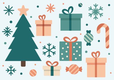 Noel hediyesi seti, Noel ağaçları ve kış elementleri düz stil. EPS 10.