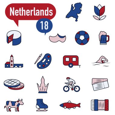 Hollanda 'daki yaşama adanmış kırmızı ve mavi renkli bir simge seti. EPS 10.