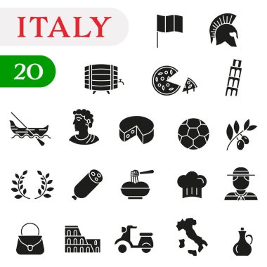 İtalyan kültürüne, mimarisine ve mutfağına adanmış bir dizi şık Doodle ikonu. EPS 10.