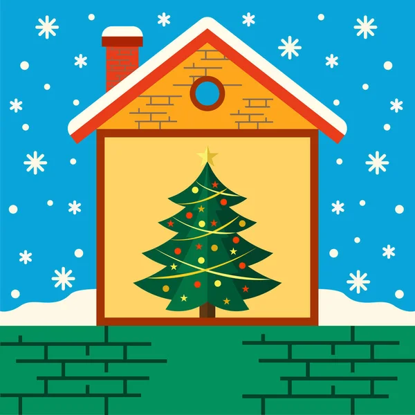 Mavi Karlı Arkaplanda Dekorasyon Ağacı olan Noel Evi Kesimi. EPS 10.