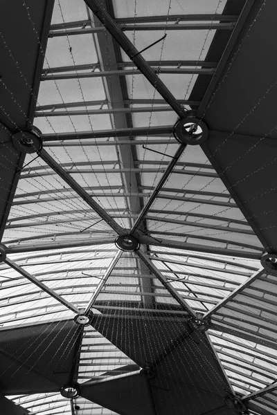 Camdan çatısı, çelik kirişleri ve dairesel armatürleri olan mimari bir tavanın siyah beyaz manzarası. Görüntü endüstriyel mimari, simetri ve modern tasarım, mimari, iç mimari ve inşaat temaları için idealdir..