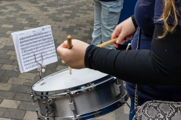 Cospicua, Malta - November 30th, 2025, Outdoor Snare Drum Performance With Sheet Music Stand In Public Square