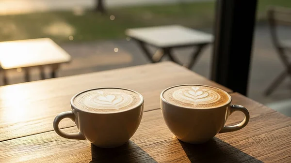 Ahşap bir masanın üzerinde, yumuşak pencere ışığıyla yıkanmış, kalp latte sanatıyla dolu iki kahve fincanı. Sıcak tonlarda romantik bir sevgililer günü anı yakalar. Yaşam tarzı ve kafe havasıyla. Yüksek kalite fotoğraf