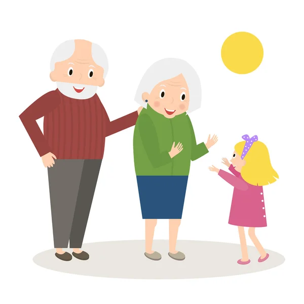Старшие люди счастливо проводят время с внучкой. Счастливые бабушка и дедушка с маленькой внучкой. Векторная иллюстрация . — стоковый вектор