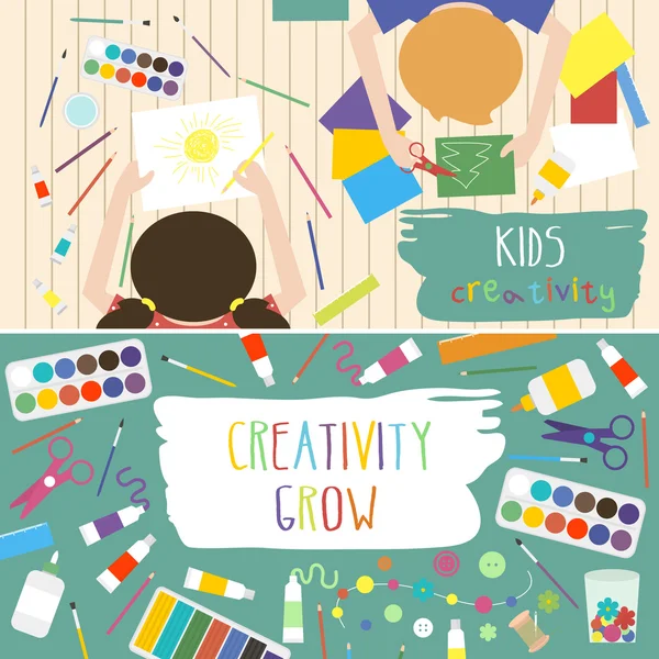 Niños creatividad vector ilustración. Vista superior con manos de niños creativos. Banner, volante para clases de arte para niños o escuela — Archivo Imágenes Vectoriales