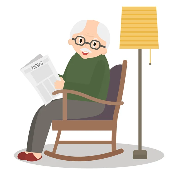 Abuelo sentado en mecedora. Anciano tiempo libre. Abuelo leyendo el periódico. Lindo hombre mayor en casa. Ilustración vectorial — Vector de stock