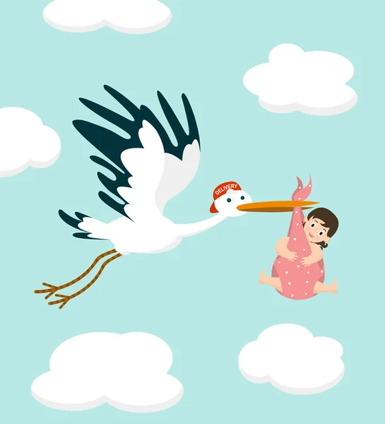 Stork carrying a cute  baby girl. Newborn baby. Vector illustration.